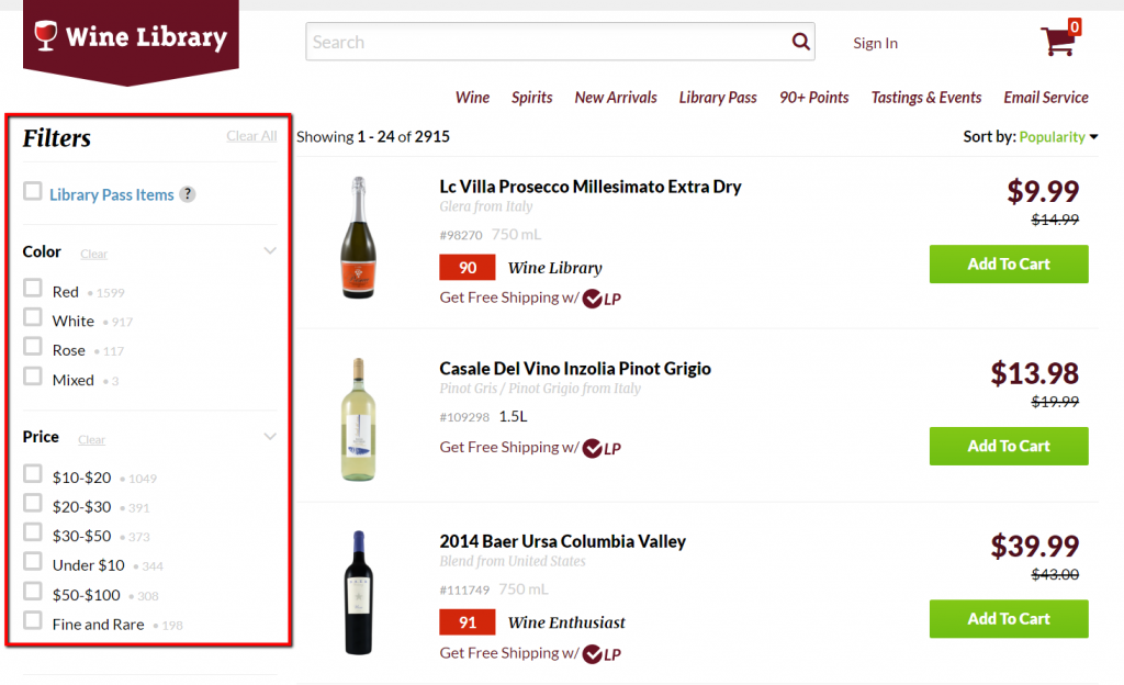 wine library use of product filters
