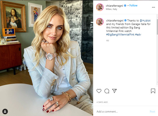 Screenshot of Chiara Ferragni Instagram Post promoting Hublot