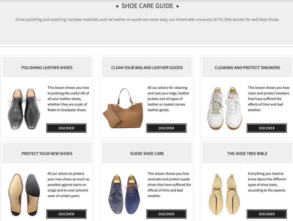 Screenshot of Monsieur Chaussure Educational Content Page on how to care for a diverse selection of products