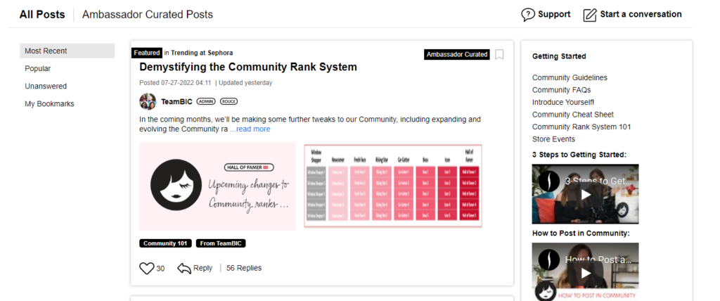 Screenshot of Sephora Community Posts and Conversations