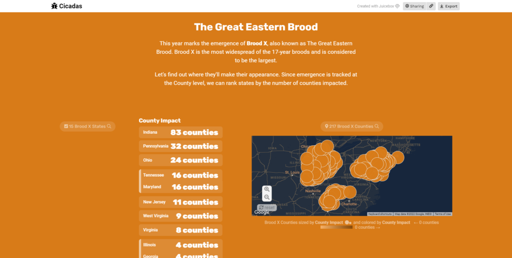 Screenshot of Cicadas Data Story Climax that shows the number of U.S. counties that will be impacted by periodical cicadas.