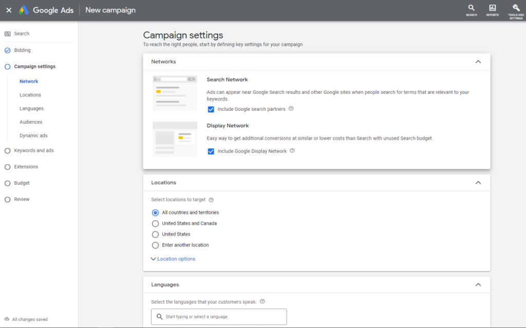 Screenshot of Google Campaign Settings