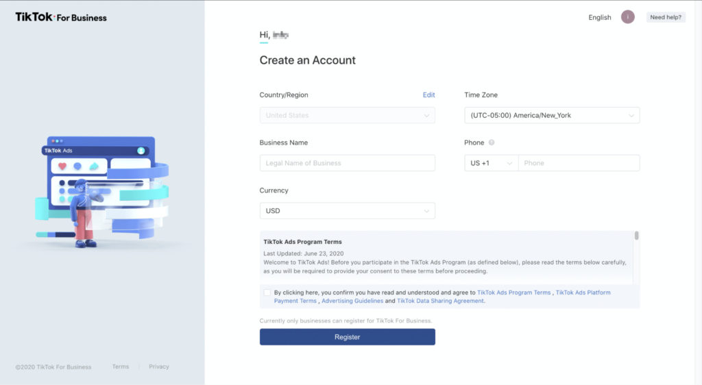 Screenshot of TikTok Business Account Creation Page 